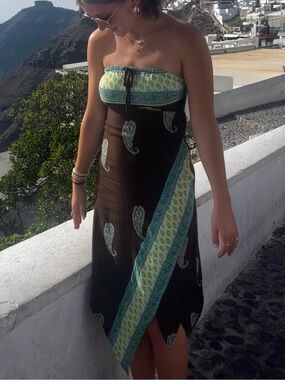 Strapless Brown Dress with Teal Paisley Design